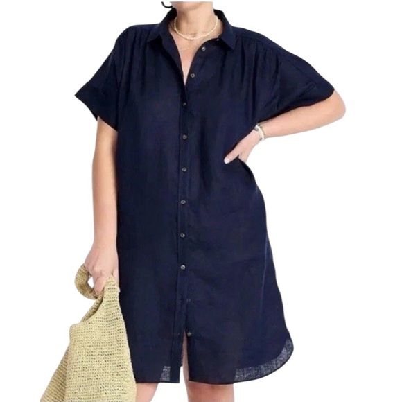 J. Crew Baird McNutt Irish linen navy relaxed fit button up shirt midi dress - Picture 2 of 14
